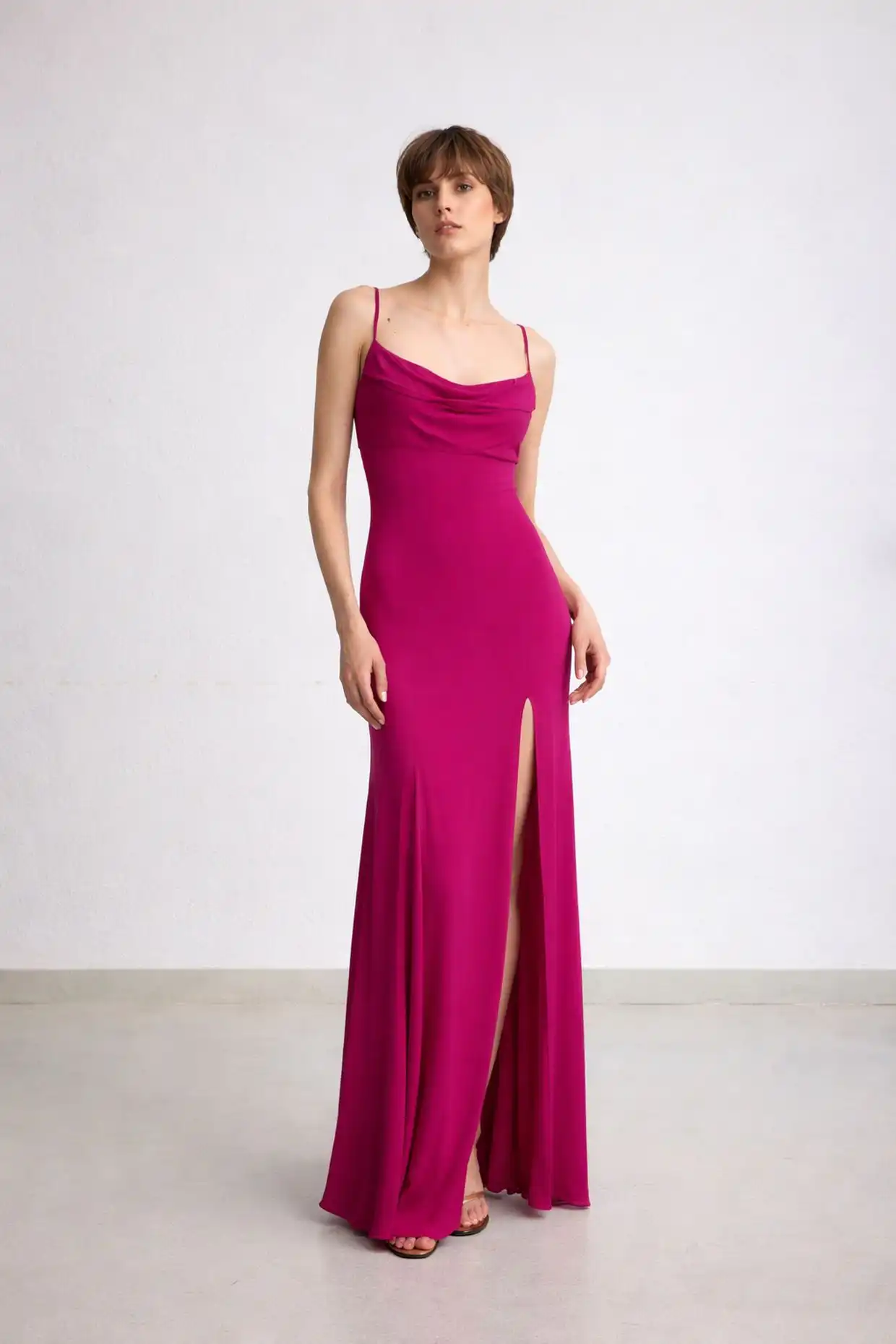 ALLY maxi dress in fluid fuchsia viscose with thin adjustable straps at the back