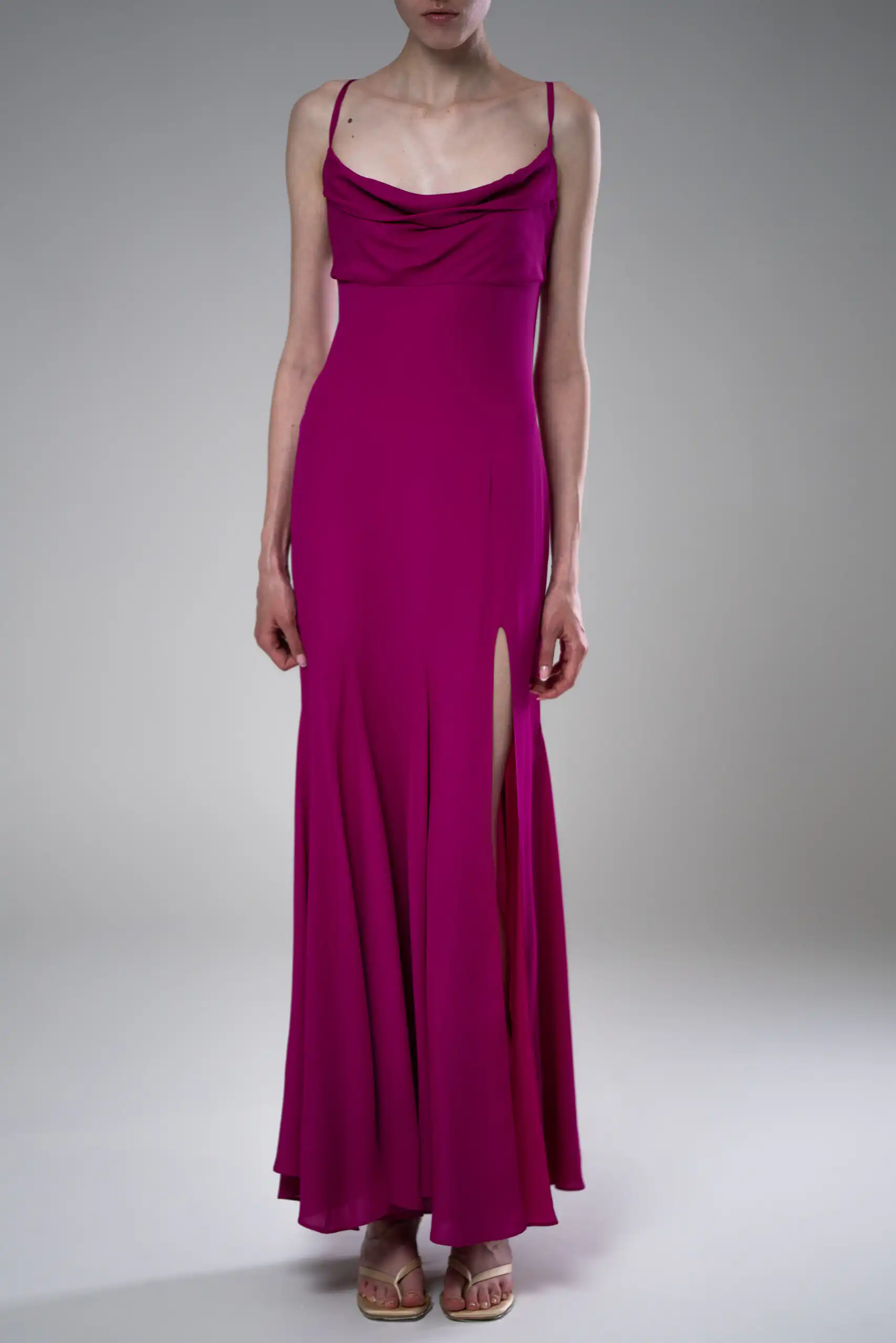ALLY maxi dress in fluid fuchsia viscose with thin adjustable straps at the back - Image 4