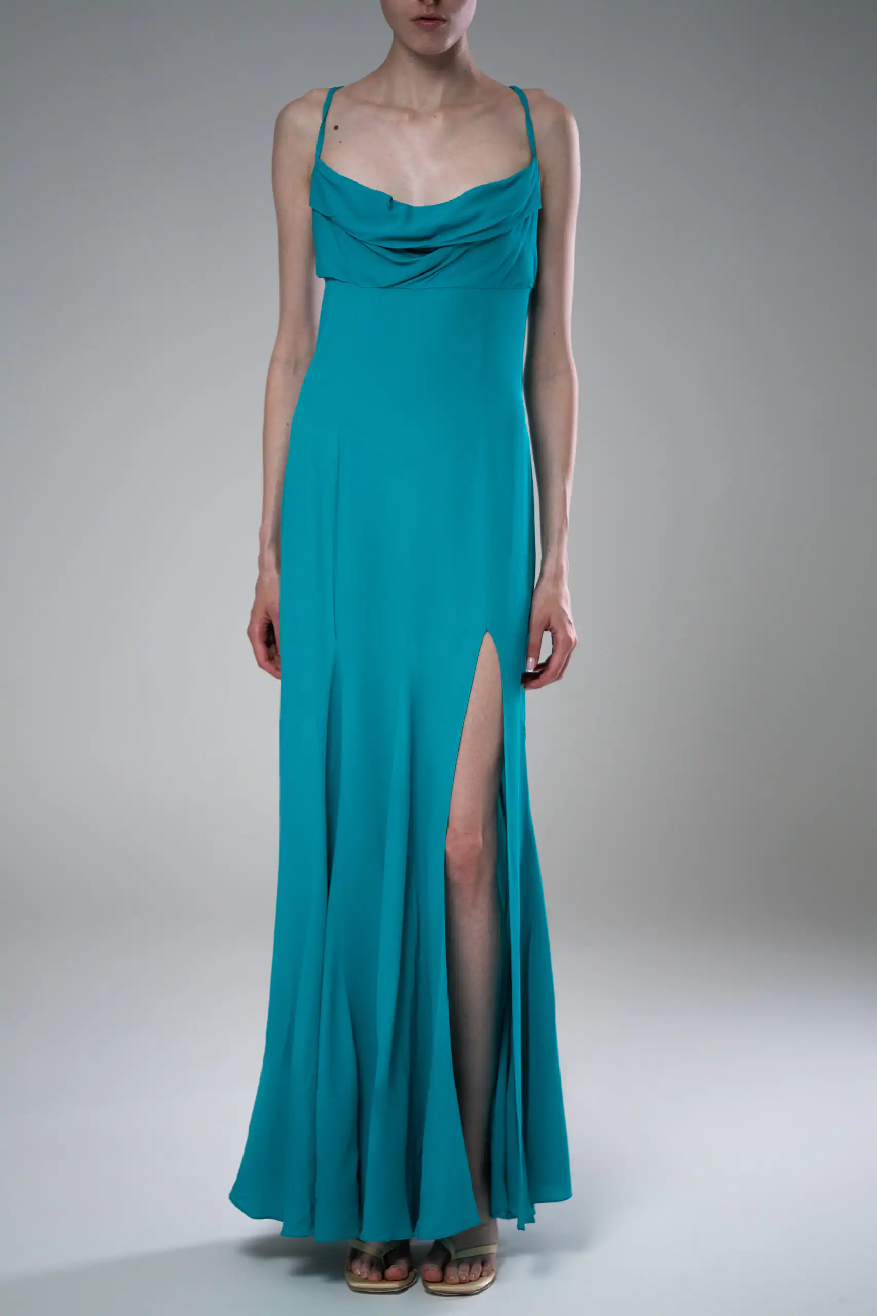 ALLY long turquoise flared dress with thin straps - Image 4