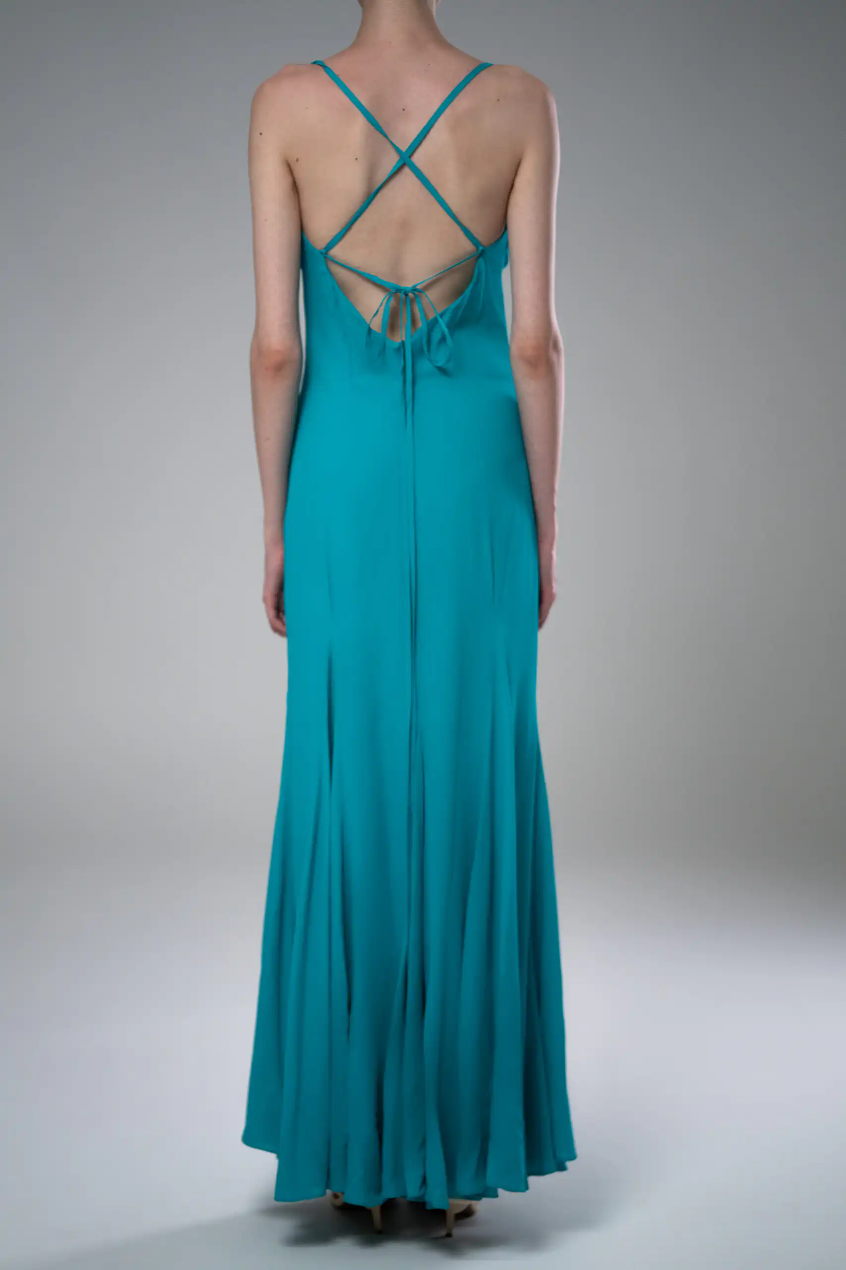 ALLY long turquoise flared dress with thin straps - Image 5