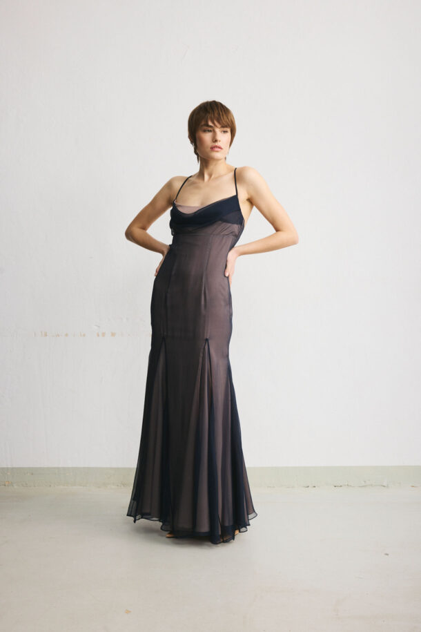 ALLY long dark navy dress with a thigh-high slit and thin adjustable straps