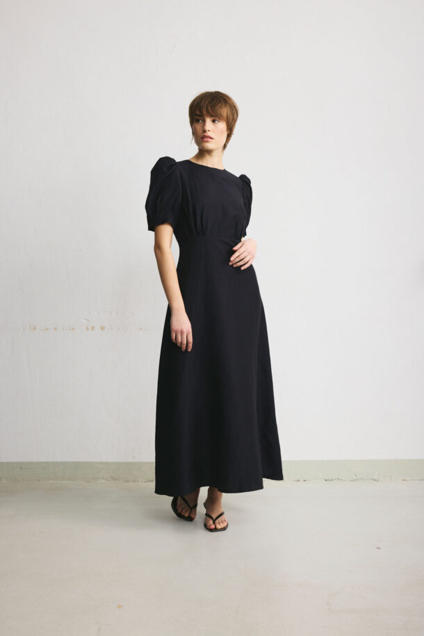 CARLA long dress with puff sleeves in lightweight navy Loro Piana wool
