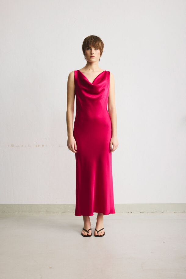NATH long silk dress in fuchsia with a draped cowl neckline