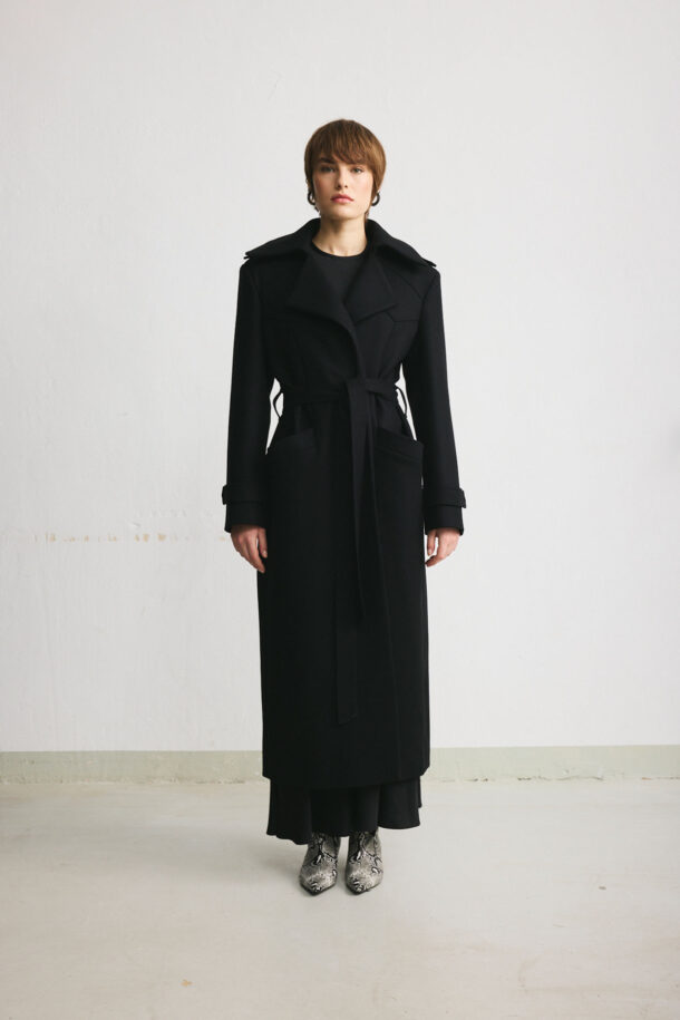 SAN REMO long black wool trench coat for women