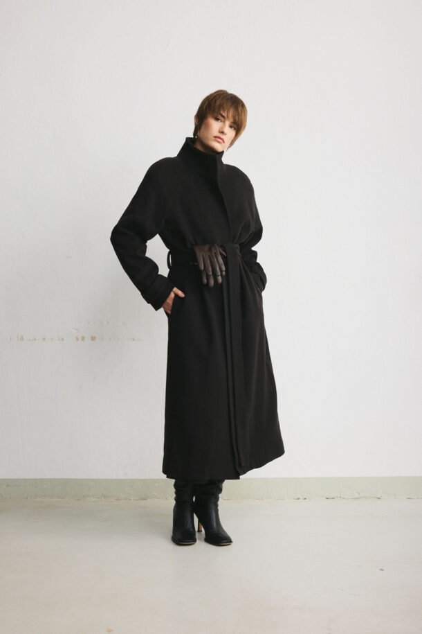 MILANO long raglan wool coat with a stand collar in deep chocolate brown, finished with a belt