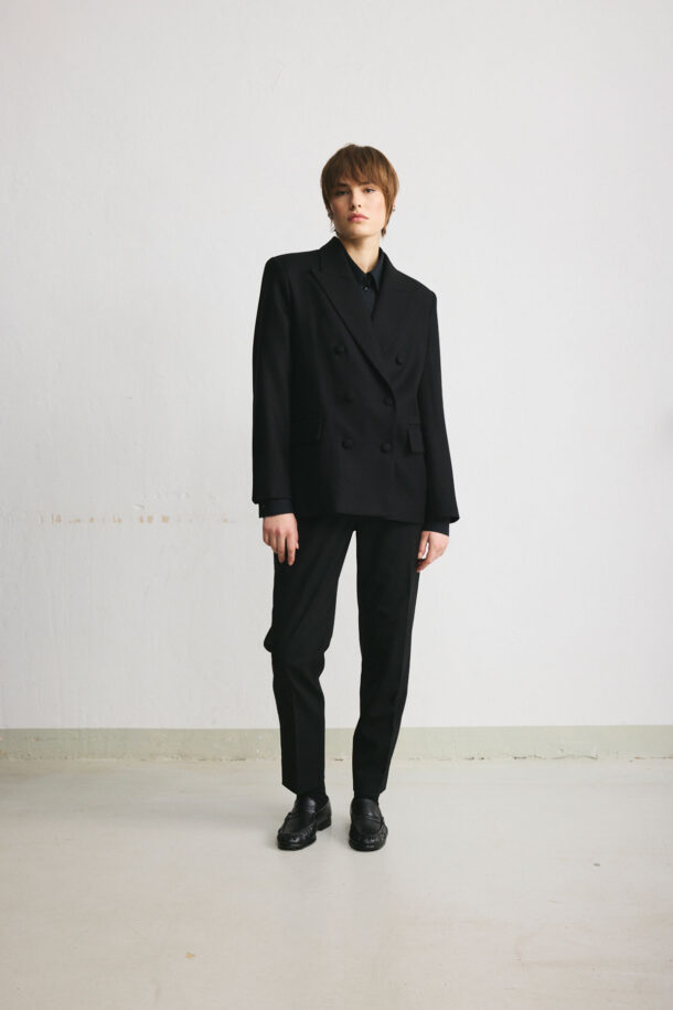 Black double-breasted wool blazer in a boxy fit
