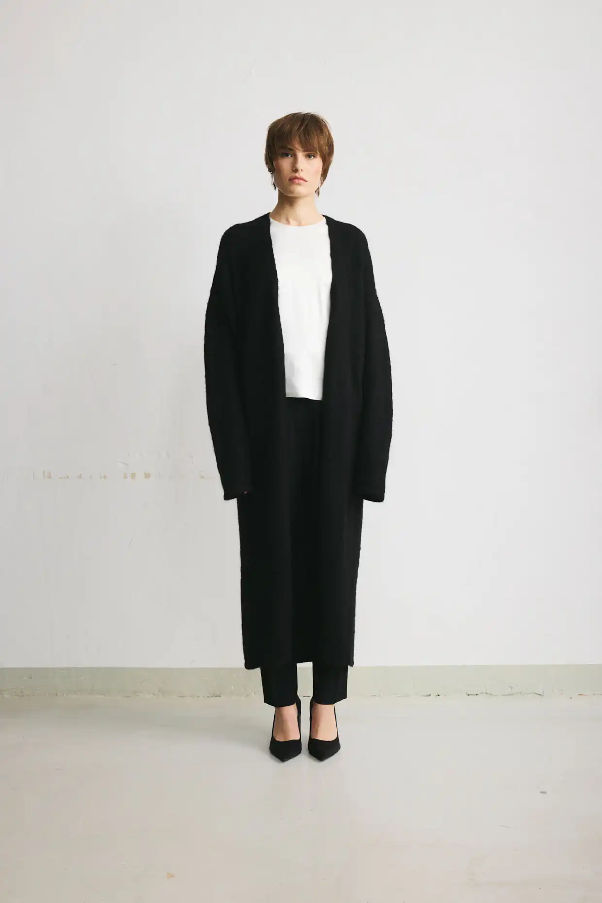 Long black Suri alpaca & merino wool cardigan.