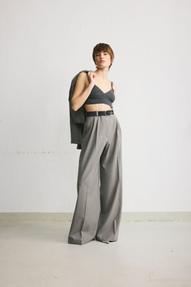 GIGI grey wool palazzo trousers with deep pleats and relaxed wide legs