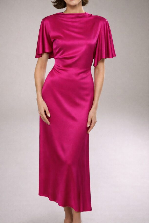 KARO long silk dress in fuchsia with short ruffled sleeves